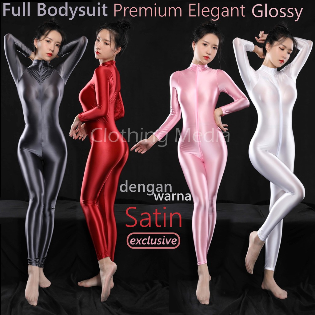 Bodysuit Full Premium Warna Satin Glossy Silky Halus Ketat Resleting Jumpsuit Elegan