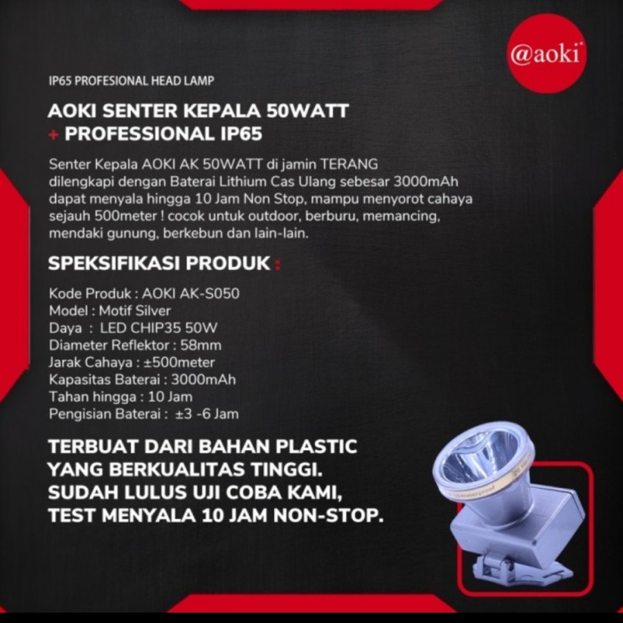 PROMO!! Senter Kepala Headlamp Aoki 50 Watt AK-S050 Cahaya Putih Waterproof