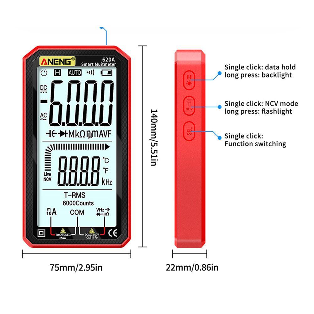 Solighter Digital Smart Multimeter ANENG 620A 6000hitan True RMS Pengukur Kapasitansi Listrik Layar Penuh