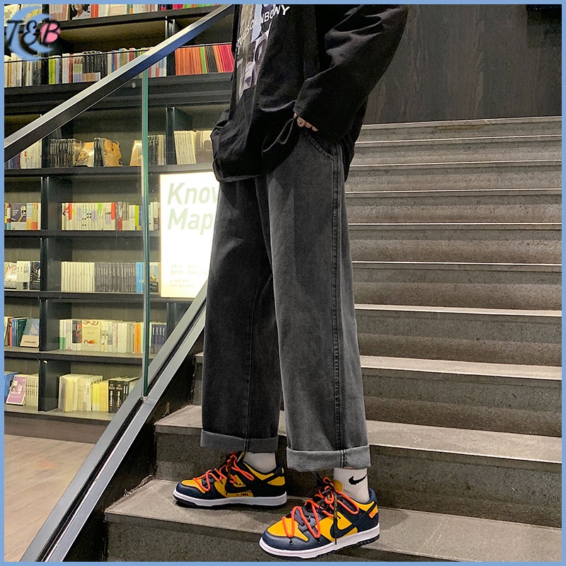Celana jeans pria celana jeans panjang pria Korean Style gombrong Kulot Pria OverSize straight Jeans loose pants hitam  celana lebar pria Celana jeans cowok import nyaman casual denim