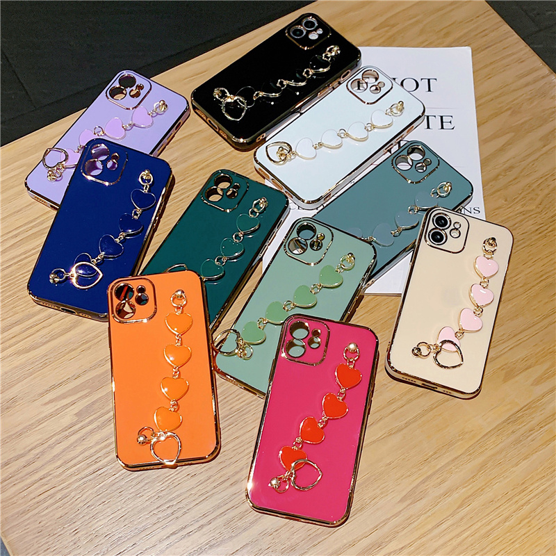 Soft Case Electroplating Motif Hati Dengan Tali Pergelangan Tangan Untuk Iphone 12pro Max 12 Mini 11pro Max Xs Max Xr 7 / 8 / Se 2020 7plus / 8plus