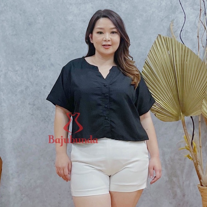 KEMEJA WANITA JUMBO BIG SIZE POLOS LENGAN PENDEK BAJUBUNDA VIA-HITAM