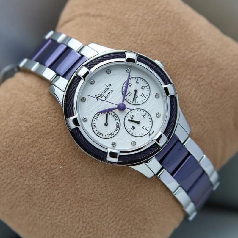 JAM TANGAN WANITA ALEXANDRE CHRISTIE AC 2730 SILVER COMBINASI PURPLE ORIGINAL