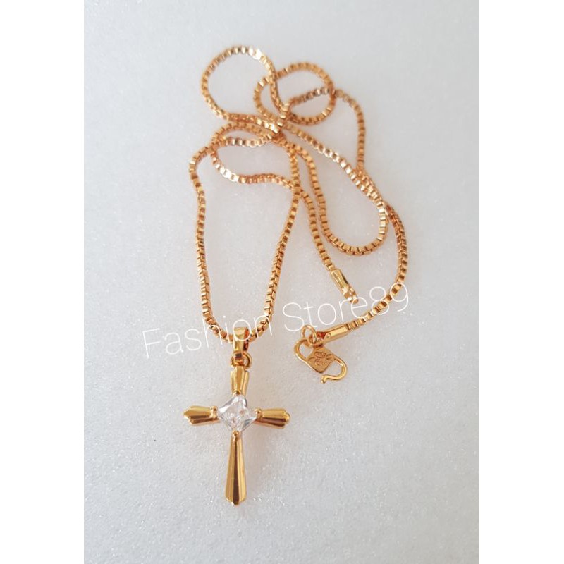 kalung Fashion Salib emas permata putih xuping perhiasan replica emas impor kalung rohani import