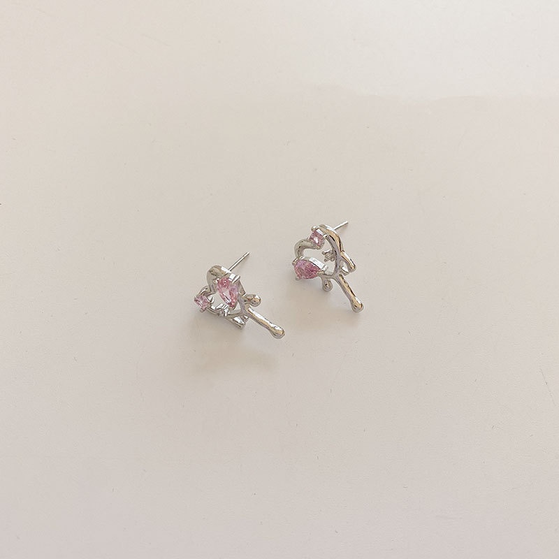 Anting Bentuk Hati Bahan Zirkon Warna Pink Untuk Aksesoris