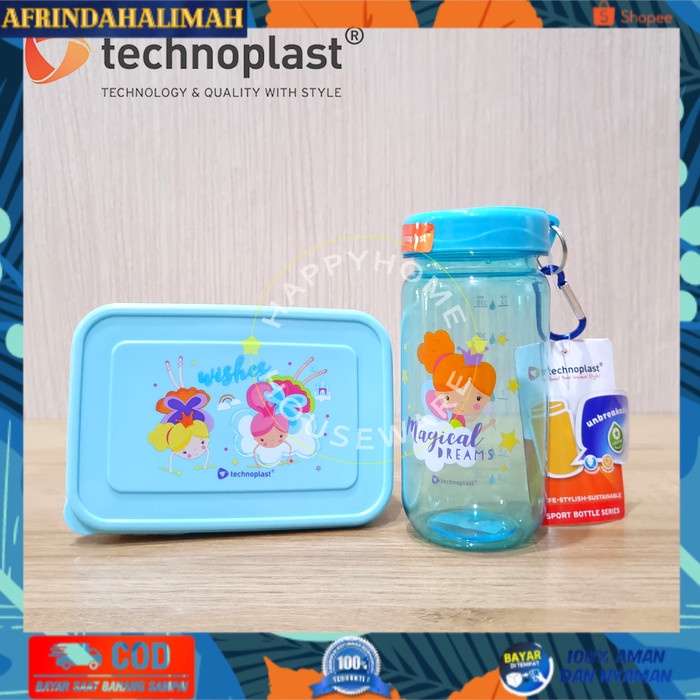 

[TERBARU] TECHNOPLAST Paket Hemat School Faries Set/Kotak Bekal & Botol 450ml - Biru Muda