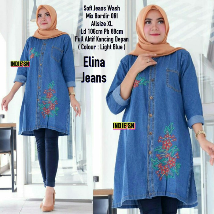 PROMO DISCOUNT BAJU ATASAN WANITA KULIAH  elina tunik jeans biru muda high quality