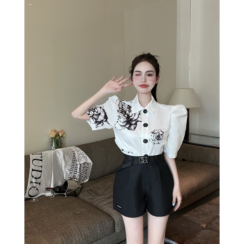Strawberry Hitam ~ Versi Korea Lukisan Tinta Bunga Cetak Bahu Pad Puff Lengan Kemeja Top + Pinggang