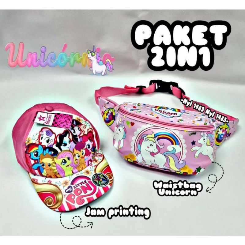 Paket 2in1 tas selempang bahu waistbag anak + topi full print motif kartun lucu