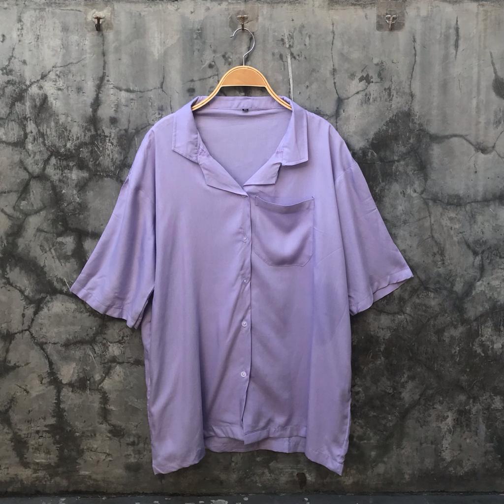 BOWLING - Oversized Shirt Hawai Kemeja Pantai Basic Polos Ukuran Besar Kancing Rayon Unisex-Lilac