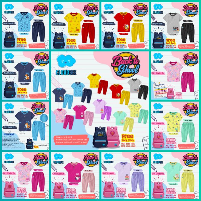TZY.Olshop ✓ Set Kaos Anak-anak Free Back pack/Tas sekolah By Cloud Bee
