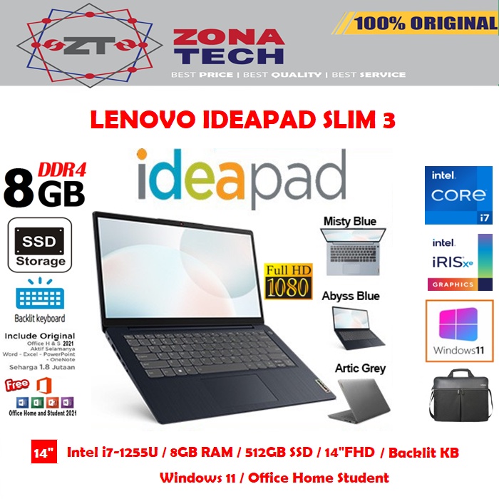 LENOVO IDEAPAD SLIM 3i - i7-1255U - 8GB - 512GB SSD - IRIX XE - BACKLIT KB - 14&quot;FHD - WIN11 - OHS