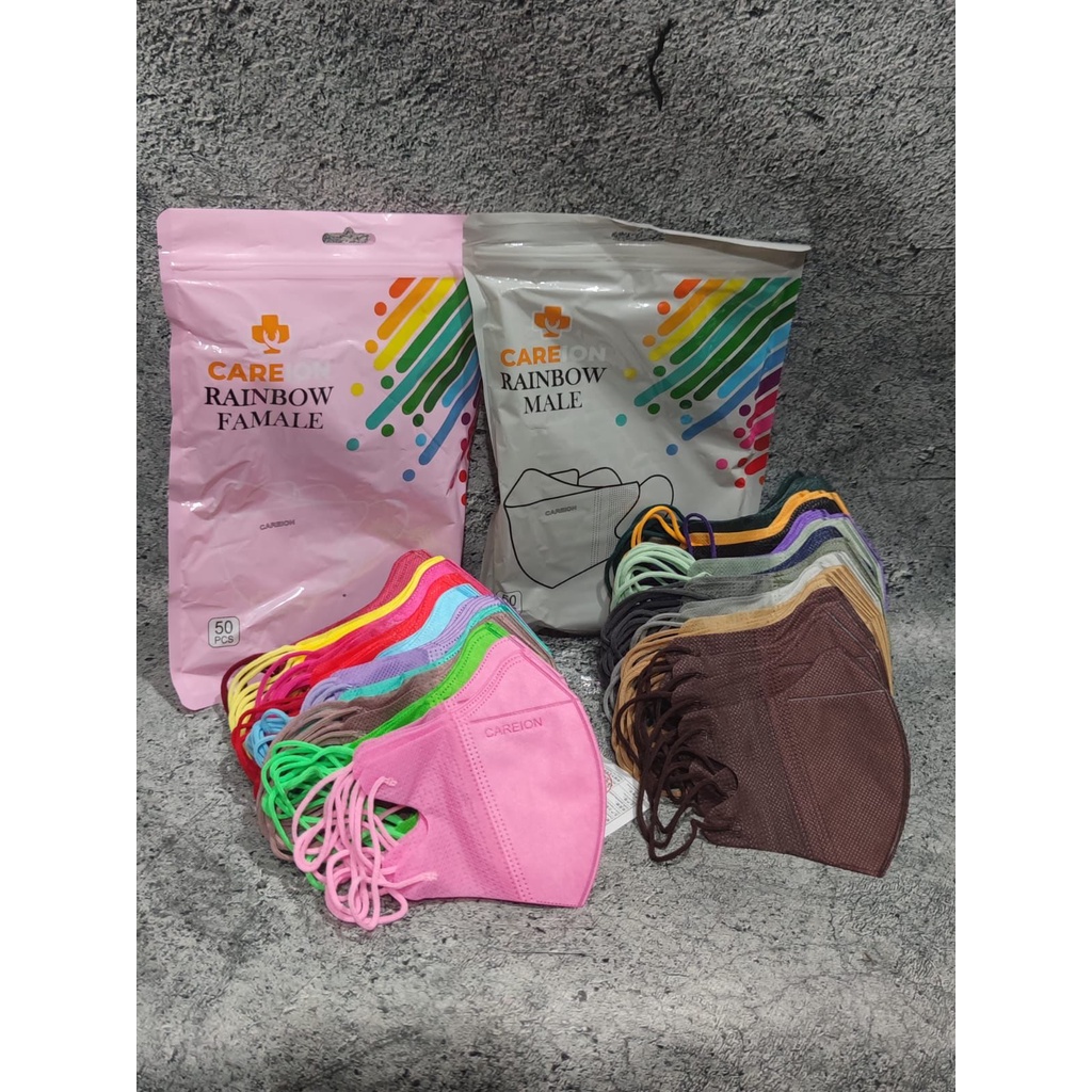 MASKER DUCKBILL CAREION GARIS EMBOS RAINBOW 3PLY WARNA PELANGI 50PC