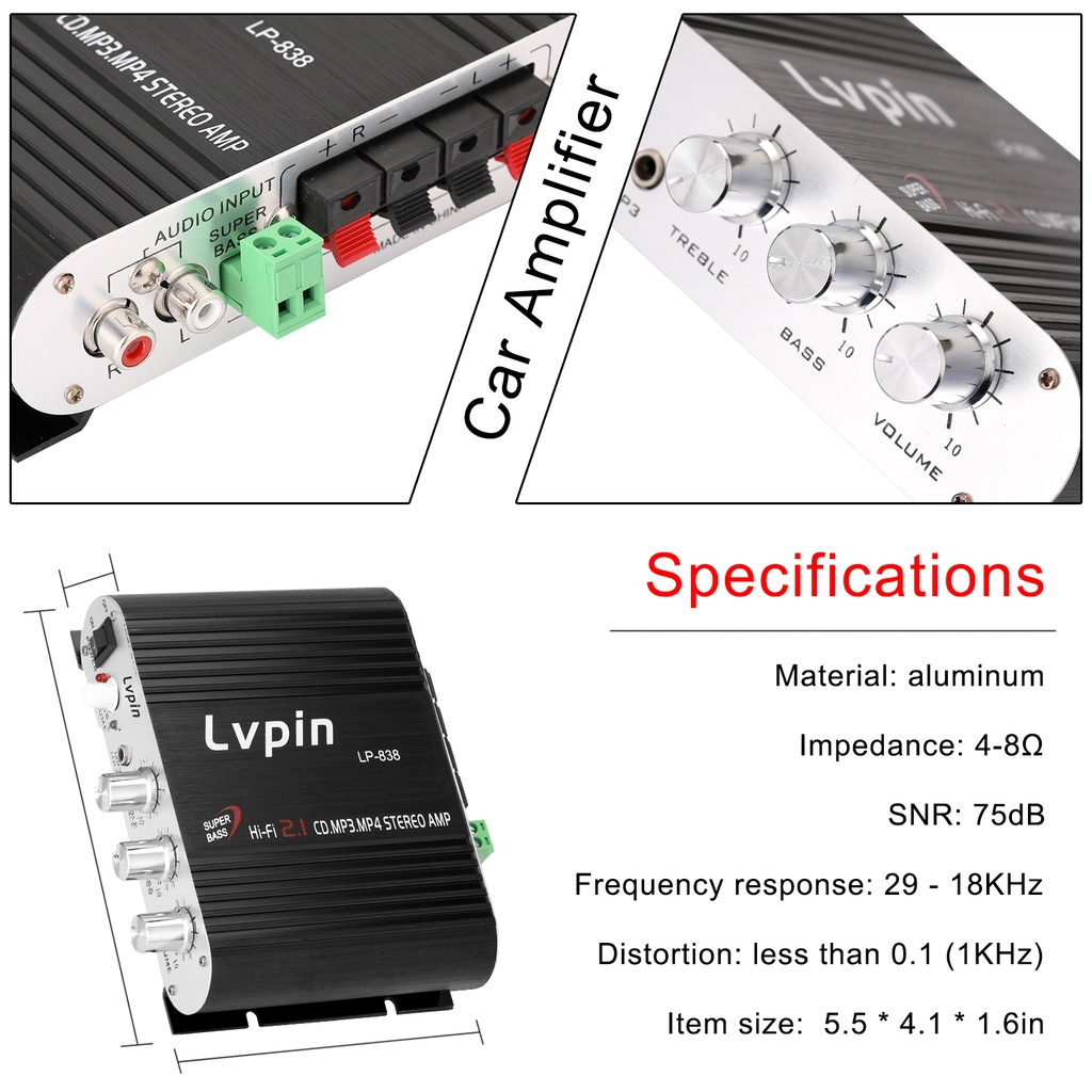 Lvpin Ampli Mini HiFi Stereo Power Amplifier Treble Bass Booster 12V Audio Amplifier 2.1 channel