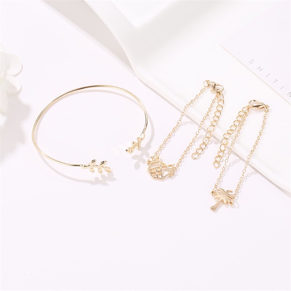 3pcs / set Gelang Bentuk Kucing Daun Model Hollow out Untuk Wanita