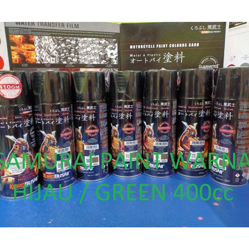 Samurai Paint Kurobushi Cat Semprot Pilox Pilok Warna Green / Hijau - Candy Green, Hijau Metalik, Tosca Green, Super Green, New Green, Hijau Kawasaki, Hijau Stabilo Fluorecent, Leaf Green, dll (400cc/400ml)