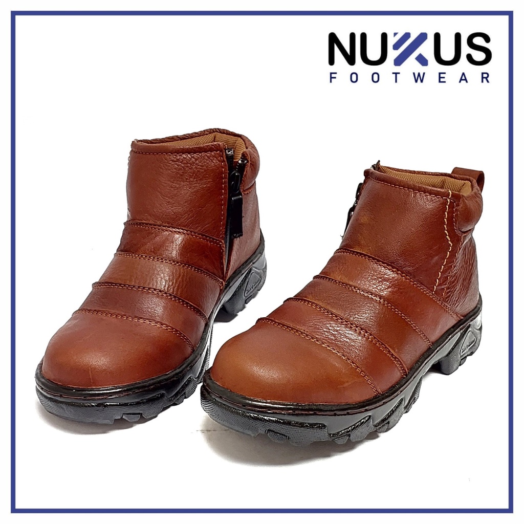 Nukus Sepatu Safety Boots Resleting Pria Kulit Asli Coklat - BRS