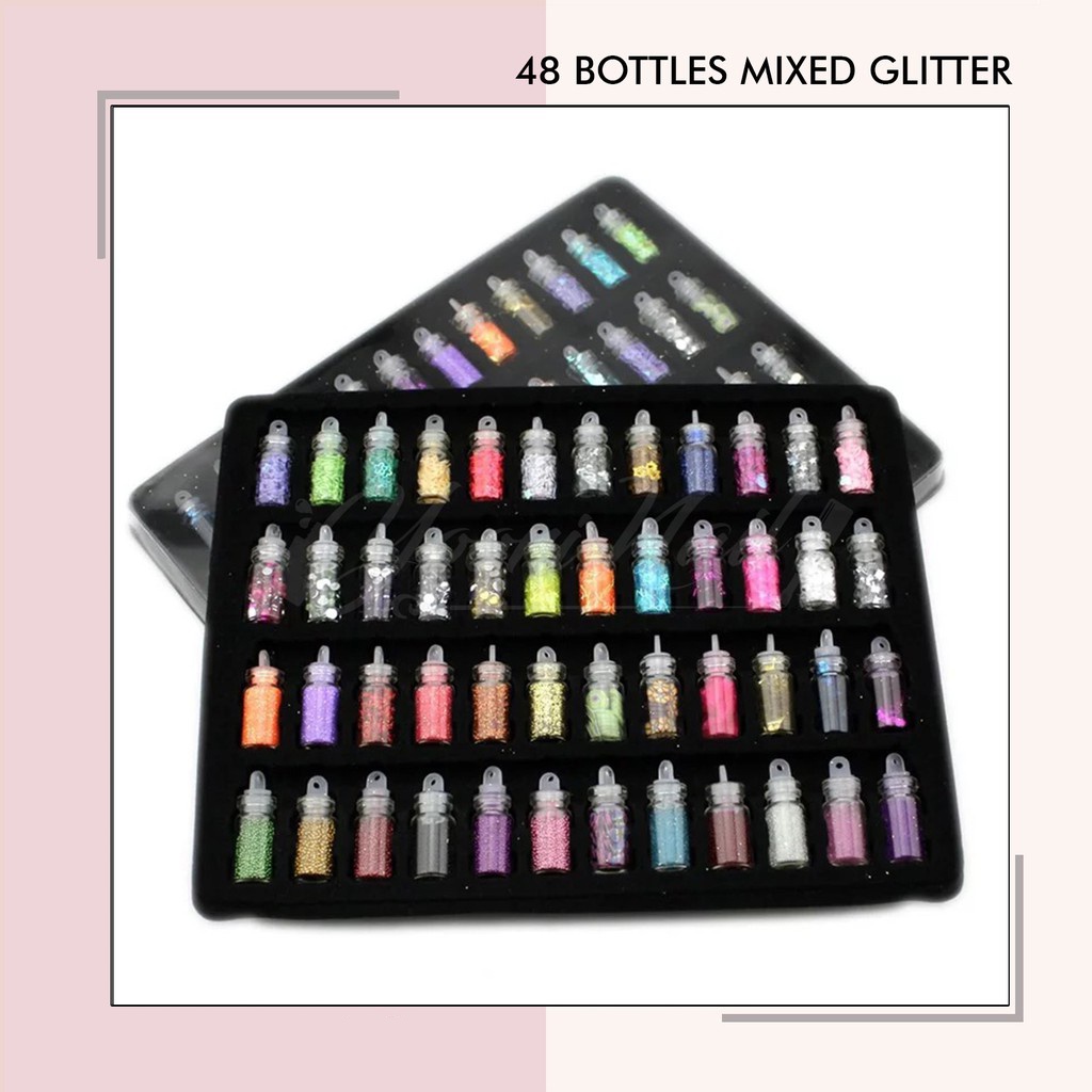 48 Bottles mixed glitter caviar deco nail art 48pcs mini bottle hiasan kuku