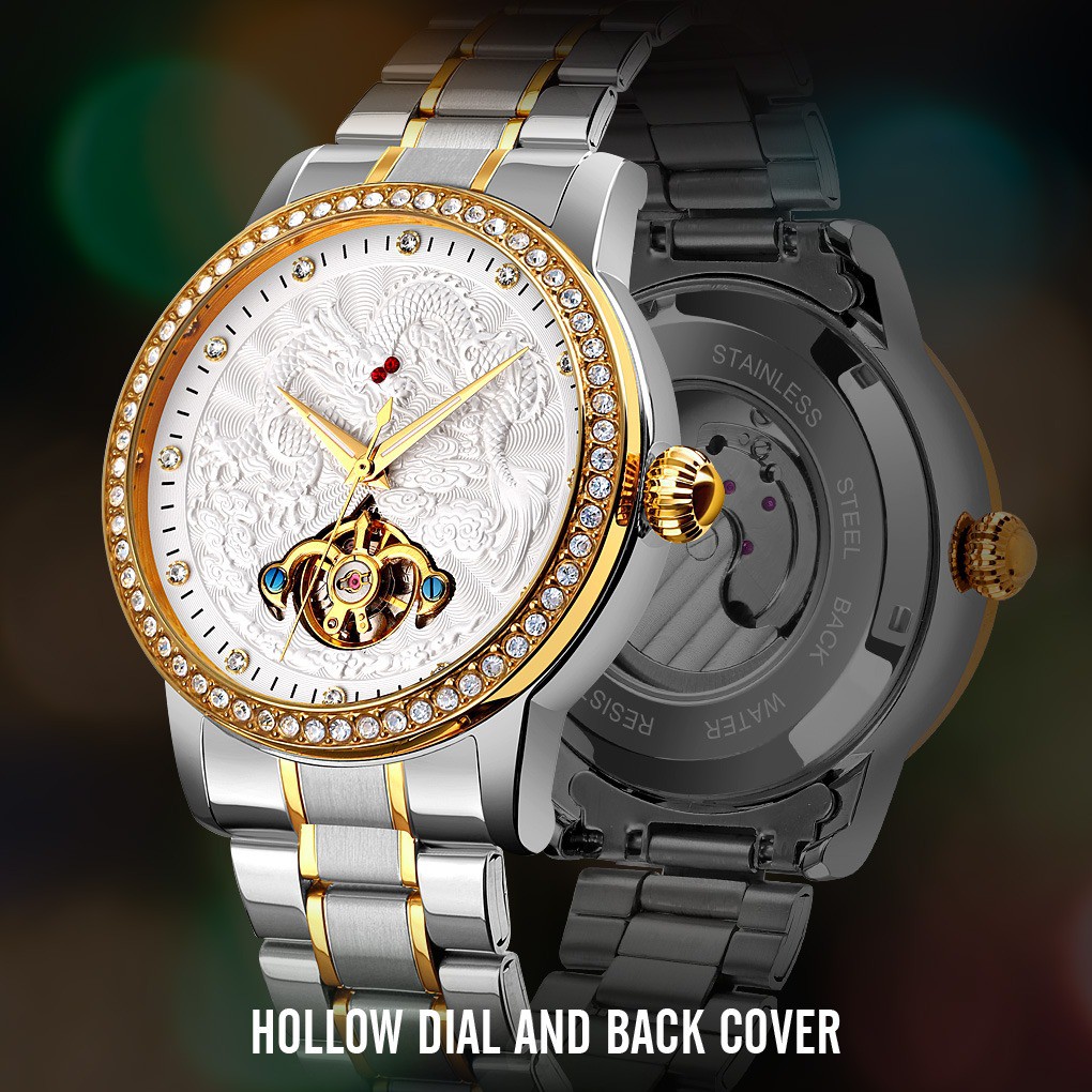 FREE BOX Premium SKMEI 9219 Luxury Automatic Mechanical Men Watches Dragon Diamond Hollow Watch