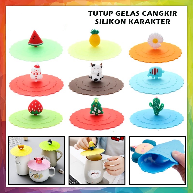 Tutup Gelas Silikon Karakter / Cover Penutup Cangkir Mug Karet Silicone Kedap Udara Anti Debu Lucu Unik Tutup Tahan Panas Dingin