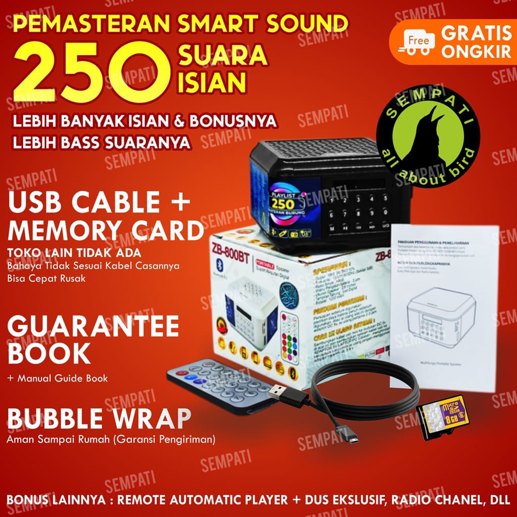 SONIC AUDIO SPEAKER SMART SOUND SEMPATI MASTERAN BURUNG PLAYLIST ISI 250 SUARA PLUS REMOTE MASTERAN AUDIO SPEAKER DIGITAL MP3 PEMASTERAN BURUNG KICAU BURUNG KICAU