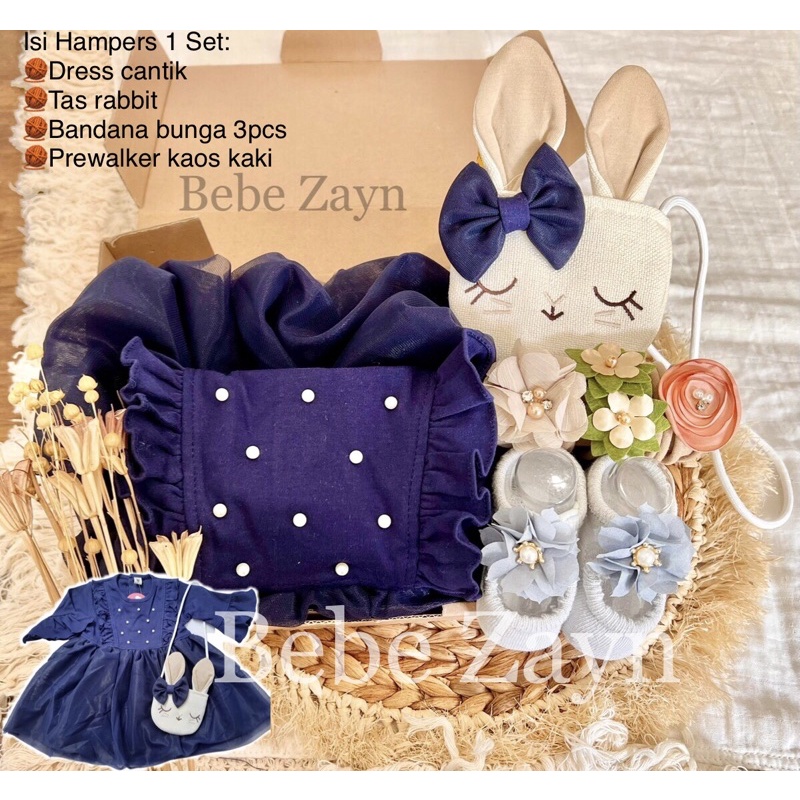 {BEBE ZAYN} Hampers baby/ hampers bayi/ baby gift/ kado bayi/ baby newborn/ Baby Girl/ Flowery Dress Set-Pearly Rabbit Navy
