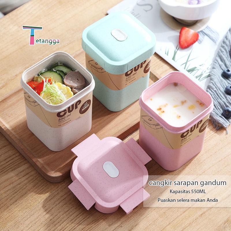 Cangkir Sarapan Multifungsi Mangkuk Sup Jerami Gandum Piknik Portable 550ml BPA FREE