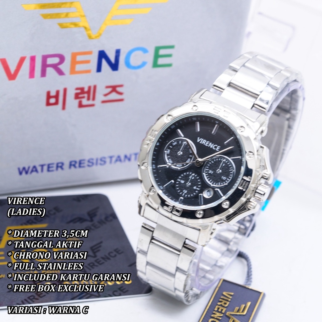 (FREE BOX) JAM TANGAN WANITA VIRENCE RANTAI BODY BULAT TANGGAL AKTIF CHRONO VARIASI