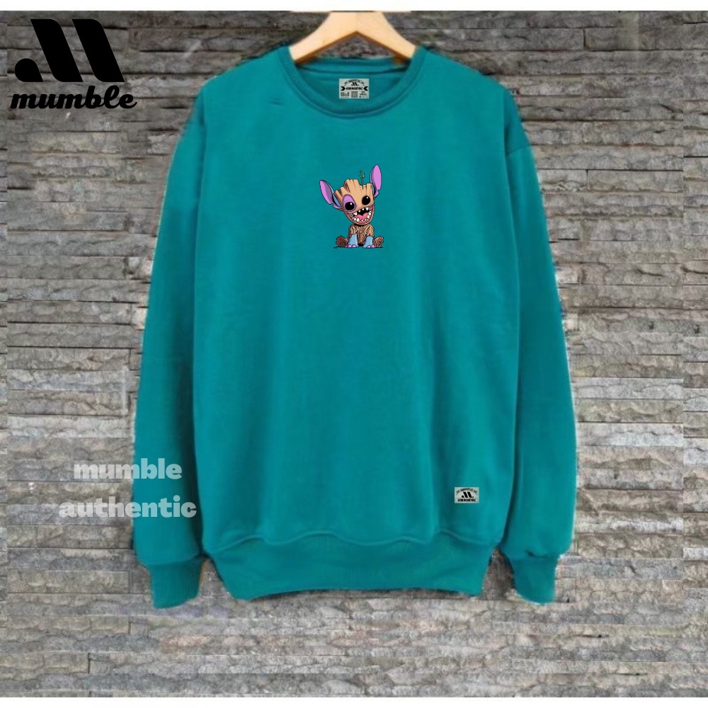 Crewneck Ori Sweater Pria Wanita Sablon Kartun Stitch Warna Hijau Tosca bahan Katun Flecee Tebal Switer Oversize  Suiter Terbaru Keren Dan Menarik