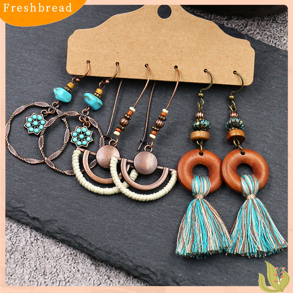 [TERLARIS]3Pairs Vintage Women Tassel Round Geometric Dangle Hook Earrings Set Jewelry