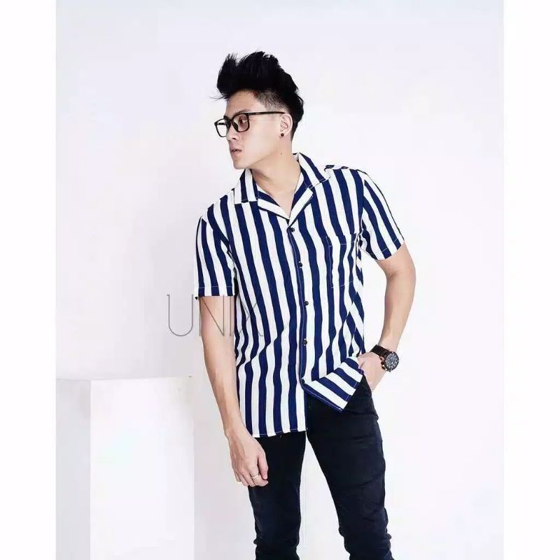 KEMEJA SALUR PRIA STRIPE LENGAN PENDEK COWOK 4559-SALUR NAVY BESAR
