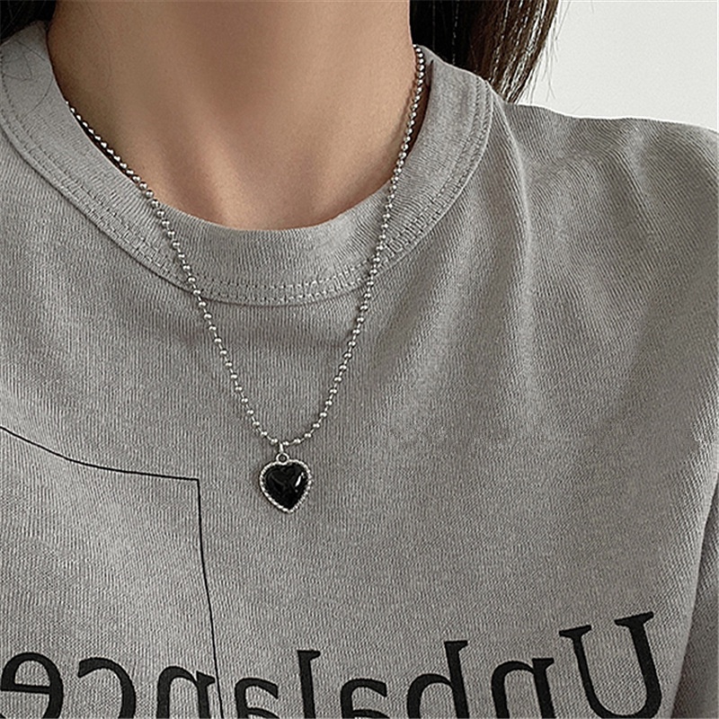 Korean Simple Black Heart Necklace Cool Girl Chain Women Jewelry Accessories