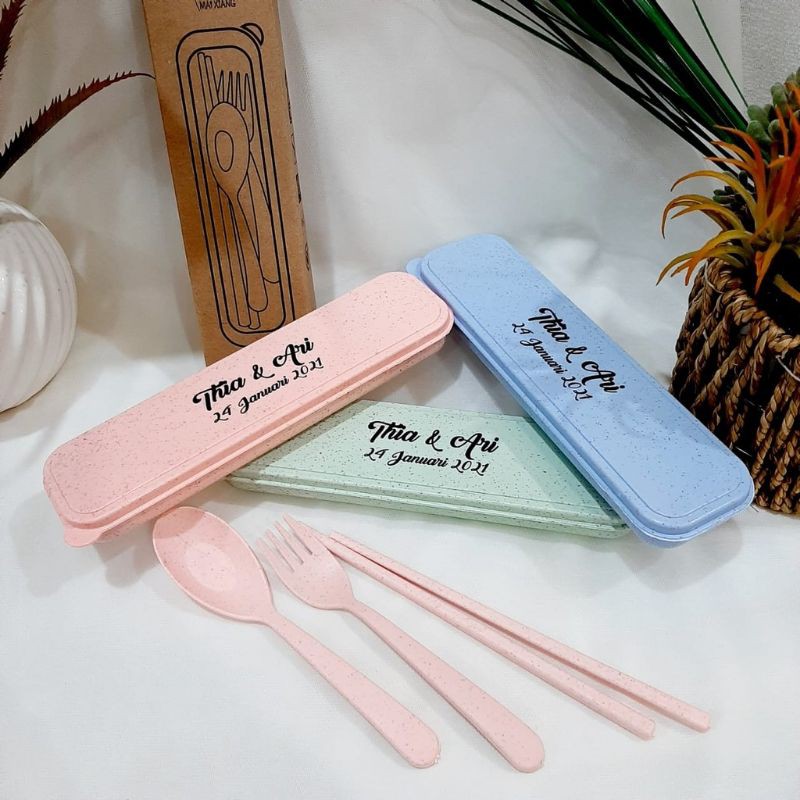 souvenir pernikahan sendok garpu sumpit set box sablon custom sendok traveler portabel