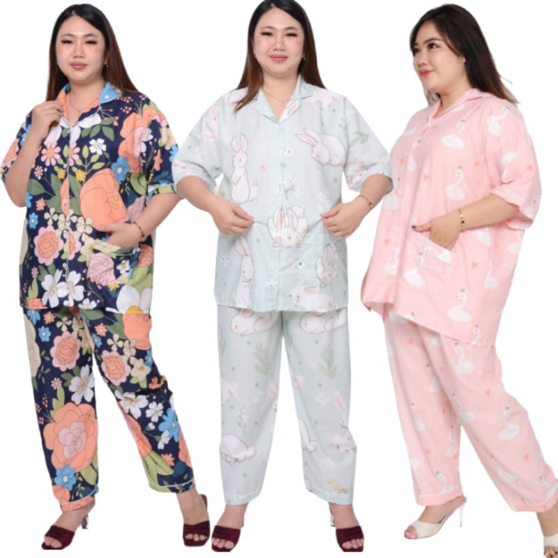 PIYAMA JUMBO SET/ LD 150/CELANA PANJANG BAJU TIDUR LENGAN PENDEK KATUN JEPANG KARAKTER