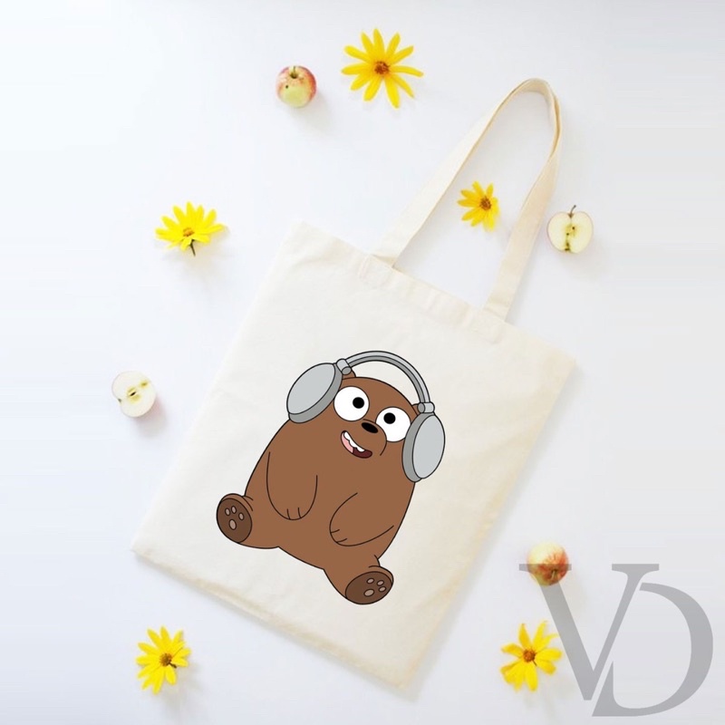TOTE BAG BAHAN KANVAS GRIZZLY CUTE TOTE BAG / TAS BELANJA MOTIF KOREA