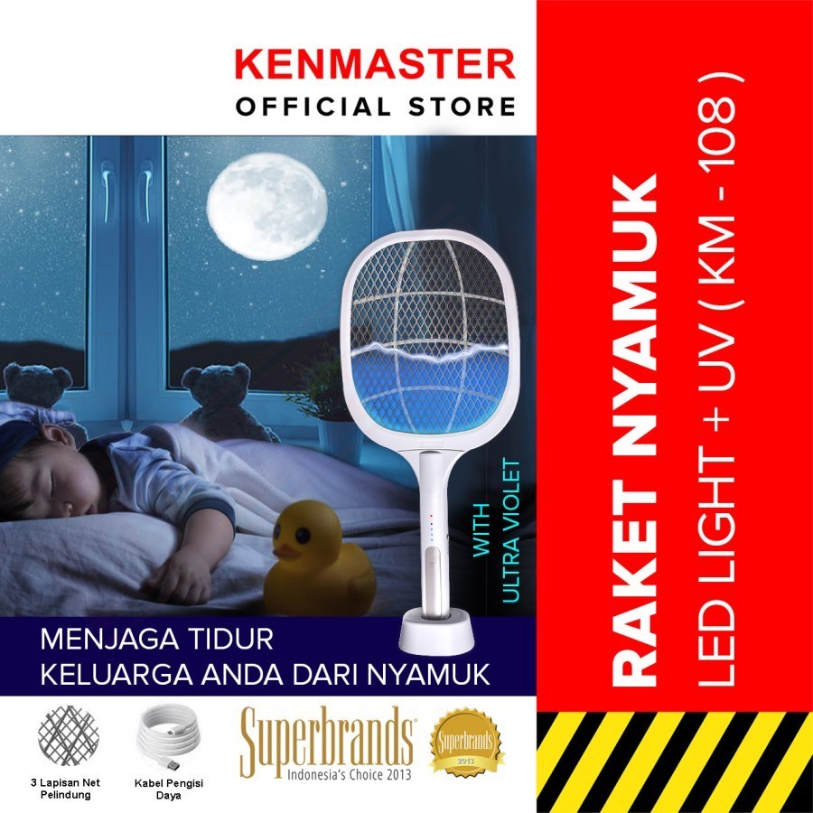 KENMASTER Raket Nyamuk Lampu Senter LED Cas Charge Tahan Banting