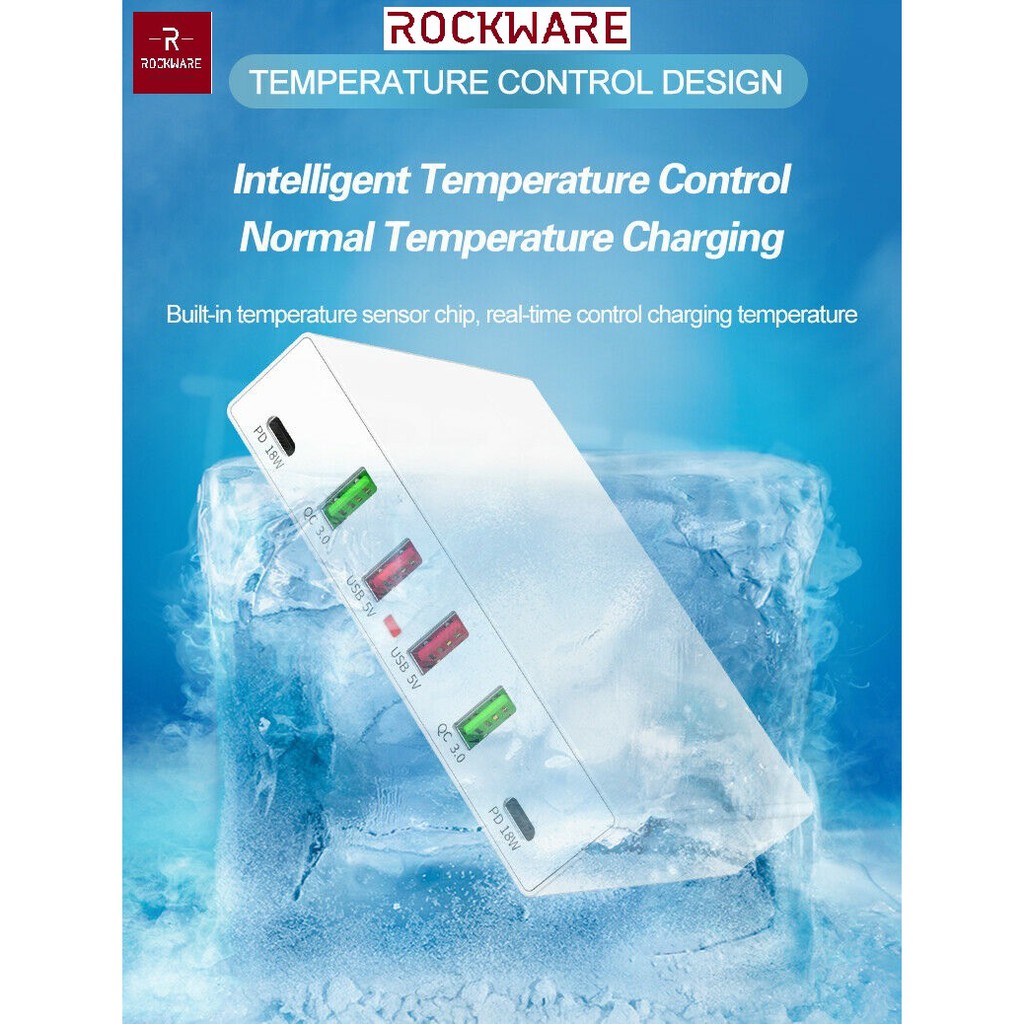 ROCKWARE X5 - 4 USB Port and 2 PD 18W Port Charging Station - 72W - Charger Multiport Up to 6