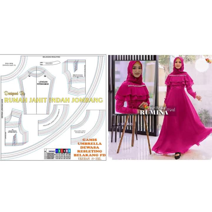 Pola Baju Pola Jahit Pola Gamis  Dewasa Payung Resleting Belakang Model Fariasi Dada