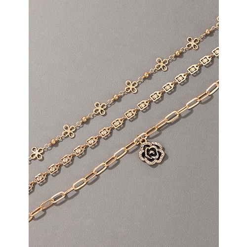 LRC Gelang Kaki Fashion Golden Rose Flower And Diamond Anklet Set V81368