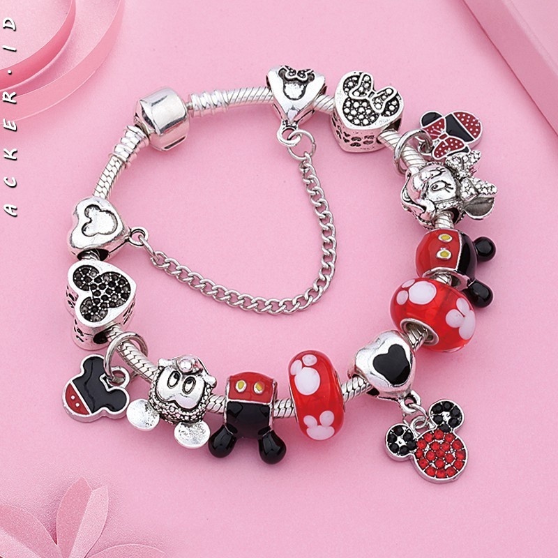 [ACKER] Manik-manik Kristal Perak  Merah Hati Mickey Minnie Liontin Gelang Untuk Wanita