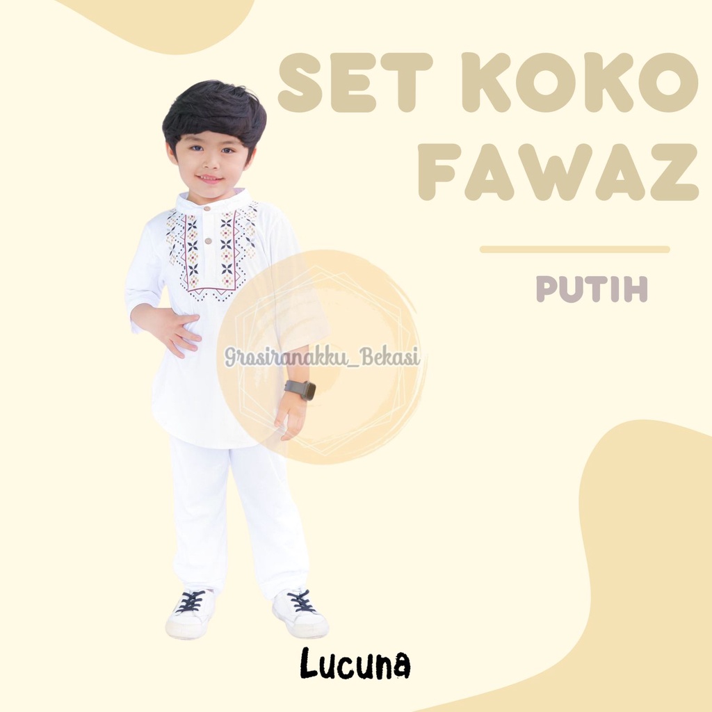 Setelan Koko Anak Fawaz Lucuna Warna Putih Size 1-5 Thn