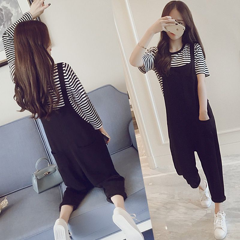 Celana Panjang Overall Jumpsuit Wanita Korean Style Longgar Tipis Suspender Wanita Casual Celana Set Baju Lengan Pendek