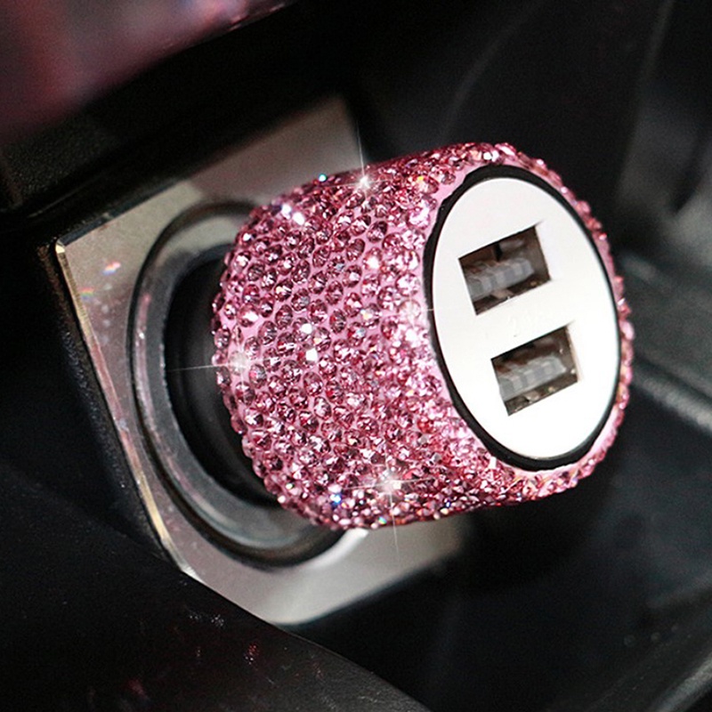 (LUCKID) Kabel Charger Dual Port USB Aksen Berlian Imitasi Bling Untuk Mobil