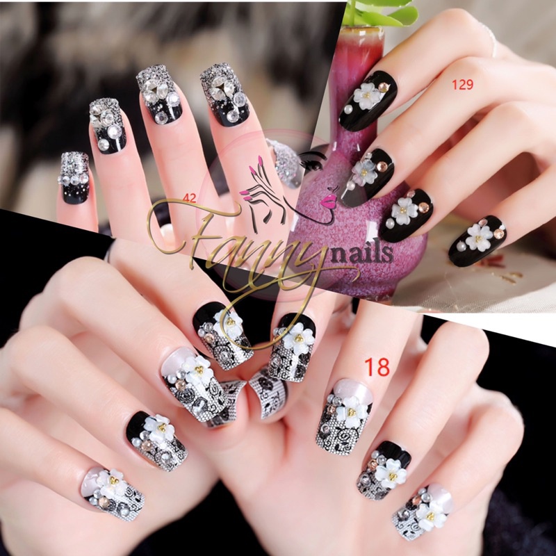 24PCS BLACK WEDDING FAKE NAILS KUKU PALSU PERNIKAHAN HITAM PUTIH TILE KUKU PALSU RHINESTONE