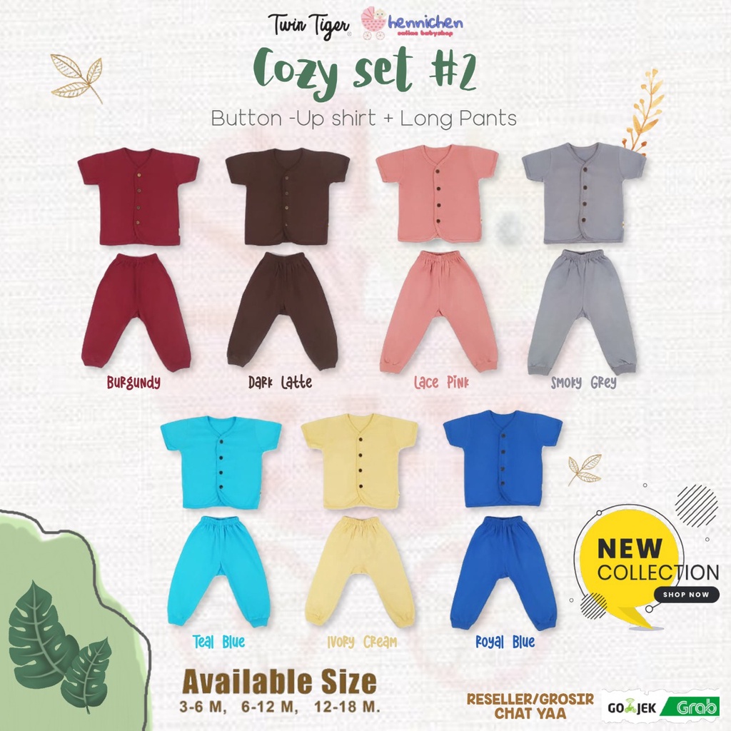 TWIN TIGER COZY SET BUTTON UP SHORT + LONG PANTS SETELAN BAJU ANAK BAJU PENDEK CELANA PANJANG 3 - 18 BULAN COMFY EARTH SERIES