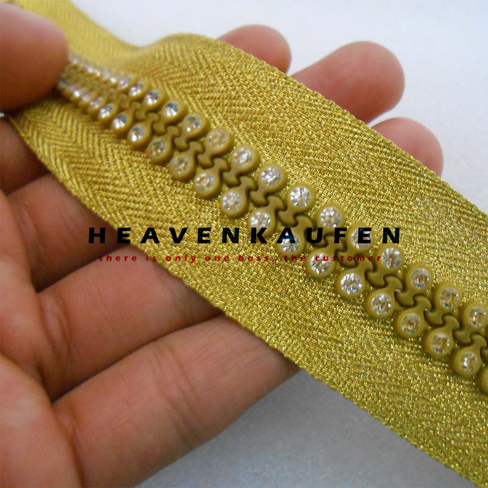 Resleting Zipper Besar Gold Panjang 50 cm Hias Permata Imitasi