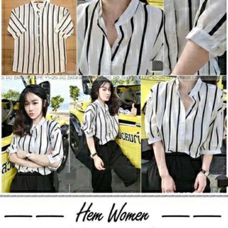 baju atasan kemeja wanita motif garis putih terbaru