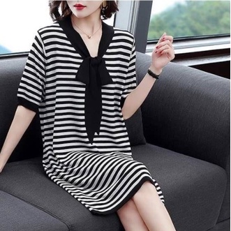 mid-length rok A-line wanita Korea longgar kasual lengan pendek