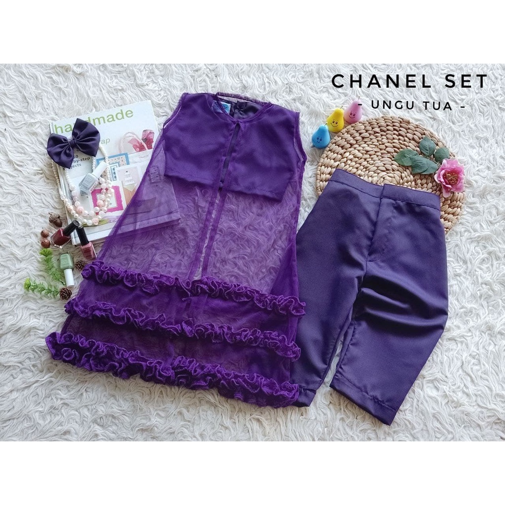 DRESS CHANEL SET WARNA UNGU MUDA / SET UNIK ANAK