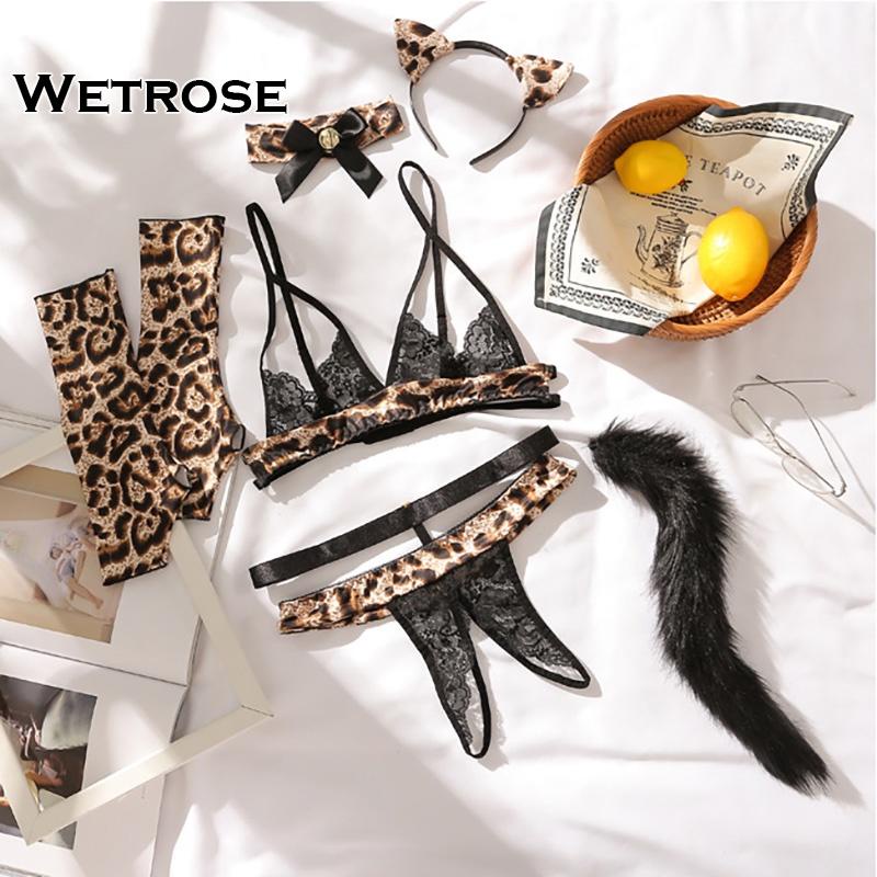 【Wetrose】Sexy Cat Girl Leopard Print Spot Crotchless Temptation Passion Erotic Cosplay Lingerie Sets Halloween Natal Christmas